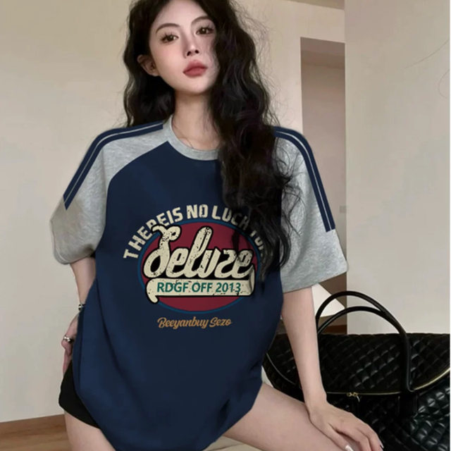 American navy blue raglan short-sleeved T-shirt for women 2025 summer new hot loose retro niche half-sleeved top
