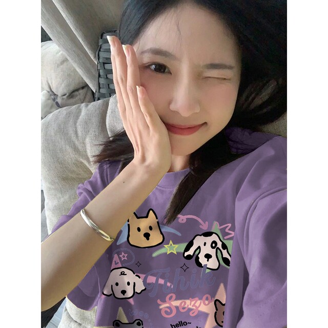 Creamy yellow cartoon color lines dog new summer trendy brand printed short-sleeved niche couple petite top