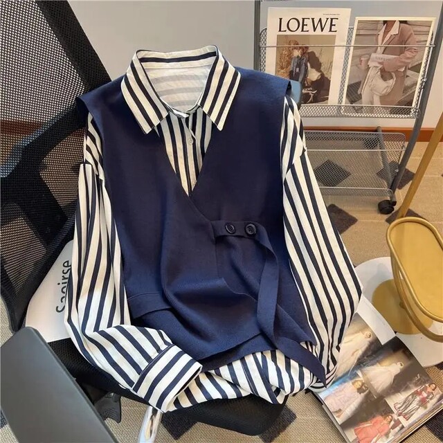 Extra Large Size 2-300Jin [Jin equals 0.5 kg] New Design Feeling Niche Loose Striped Long Sleeve Shirt Top Vest Two-Piece Set
