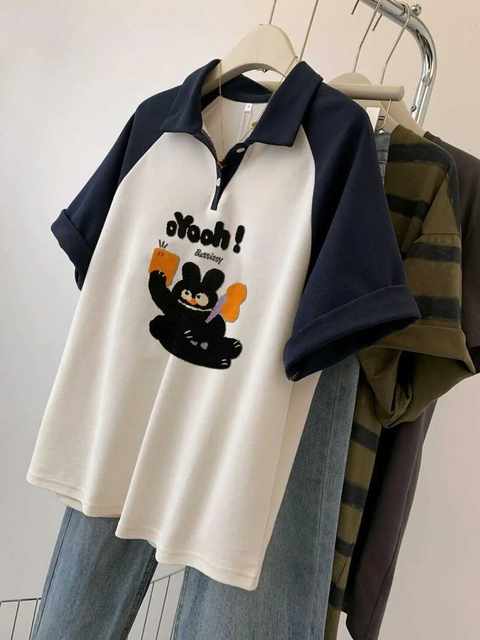 Adding fat extra size 300 Jin [Jin equals 0.5 kg] Contrasting color rapacer Polo neck short-sleeved T-shirt for women in summer loose design niche top