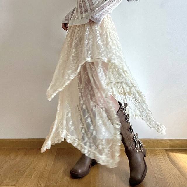 Retro lace splicing irregular mid-length skirt layered with vintage A-line skirt
