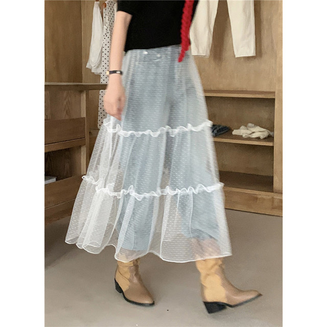 Sweet and transparent layered mesh skirt for women's spring versatile high-waist midi skirt A-line skirt