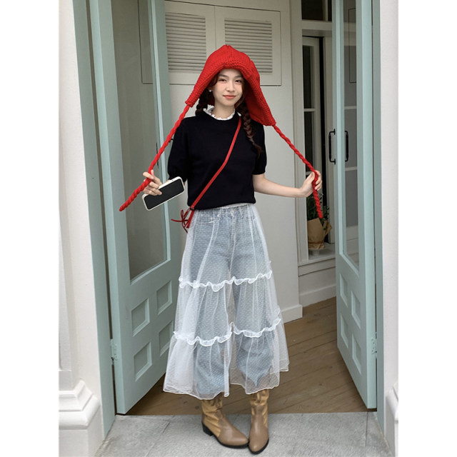 Sweet and transparent layered mesh skirt for women's spring versatile high-waist midi skirt A-line skirt