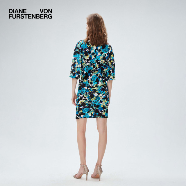 DVF V-neck plant print quarter sleeve short stretch knitted dress DS2R032