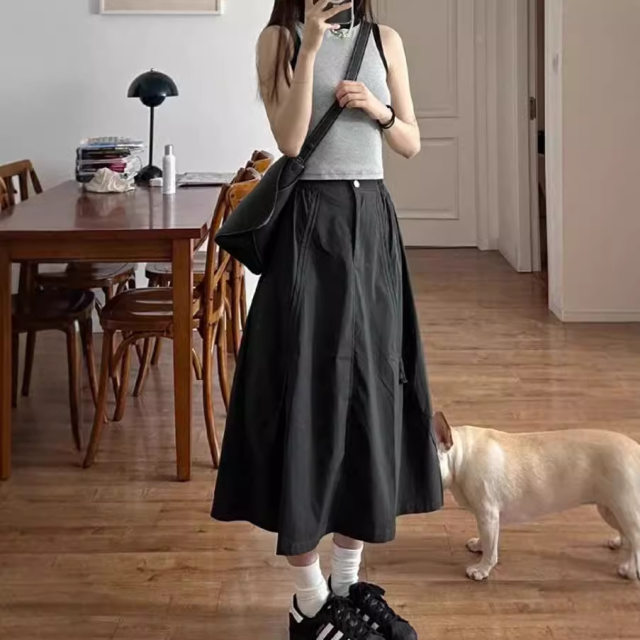 American dark gray work skirt with large size drawstring cover hips and quick-drying A-line umbrella skirt fat mm slimming skirt autumn

