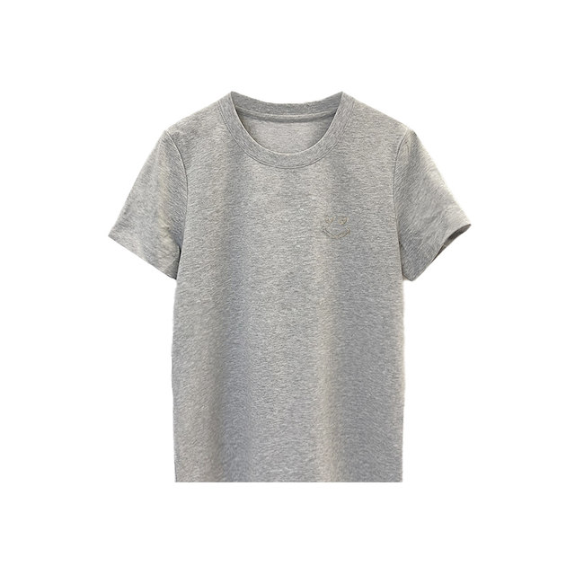 Gray front shoulder short-sleeved T-shirt for women 2025 summer new simple and versatile pattern ironing diamond slim cotton T-shirt top