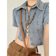 Mid-sleeved American retro hot girl denim shirt for women's summer design niche slim fit slim navel neck short top