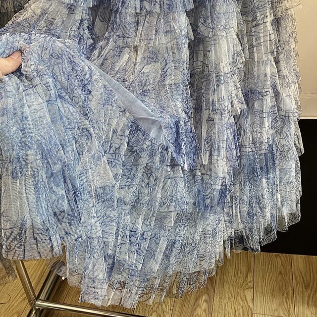 Puffy cake skirt for women 2025 new summer high waist retro tie-dye fairy-like mesh long skirt