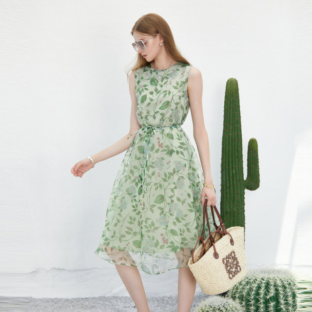 Sdeer San Dior small fresh round neck print waist-hugging sleeveless dress S232Z12KH