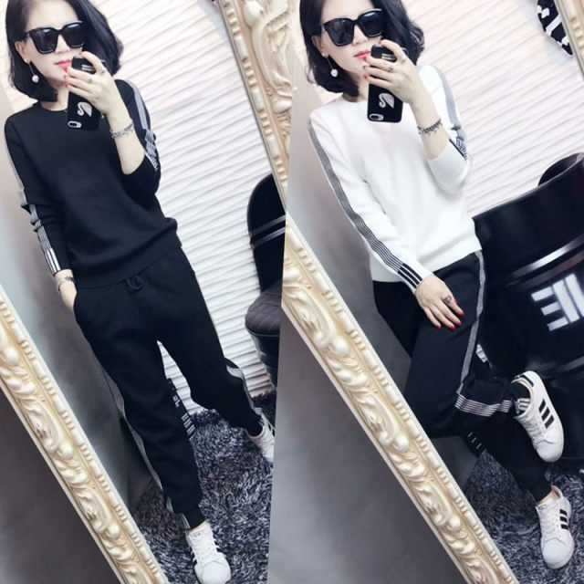 European station suit 2025 autumn and winter sweater knitted sweater suit women's slim casual pants two-piece set fashion