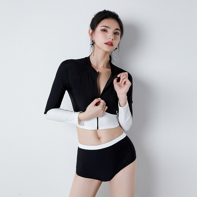 Swimsuits for women soaking in hot springs for new style of cover belly slimming sun protection long sleeve zipper retro surfing suit triangular split swimsuit