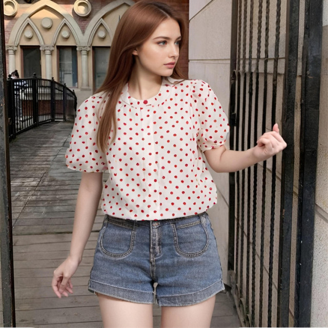 Summer thin fashion polka dot printed puff sleeve short-sleeved shirt for women in summer new breathable small fresh top