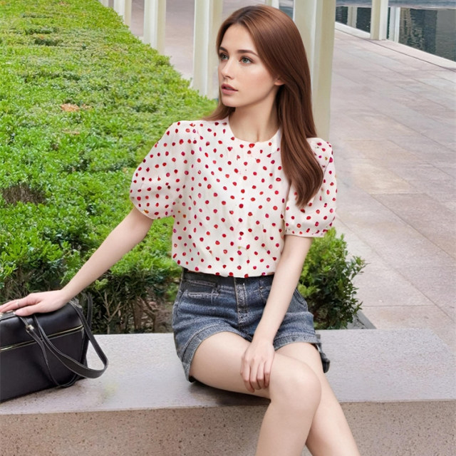 Summer thin fashion polka dot printed puff sleeve short-sleeved shirt for women in summer new breathable small fresh top