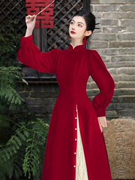 Original Chinese style national style pearl collar improve daily autumn and winter thick cheongsam dress red engagement dress