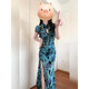 XZY slightly fat and elegant new Chinese style modified cheongsam flocking dress for women 25-year summer Chinese style slit hip-pack skirt