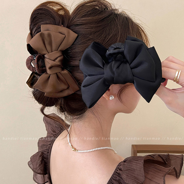 Temperament and high-end large satin bow hairpin for women with large hair volume, hairpins on the back of the head, shark clip headgear