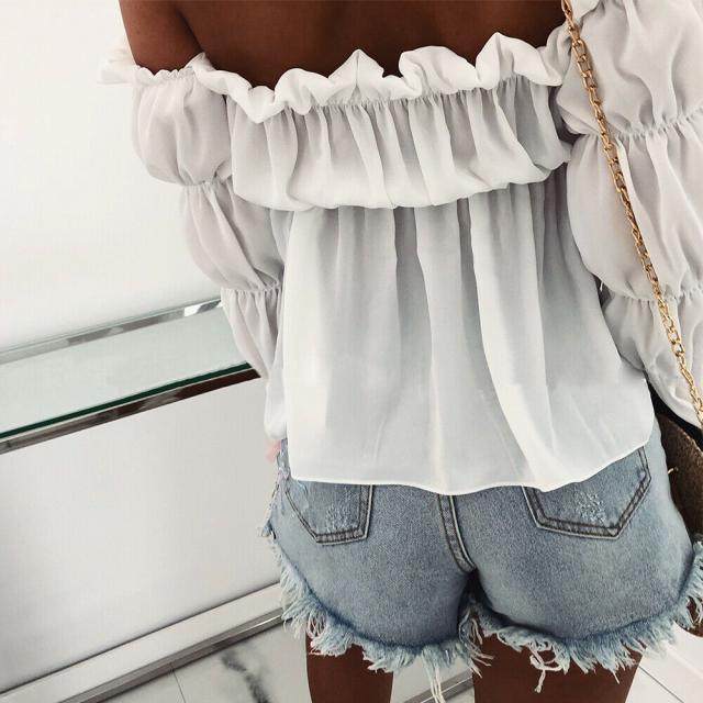European and American Amazon holiday style sweet fungus lace off-shoulder waist long-sleeved chiffon shirt summer women's T versatile top
