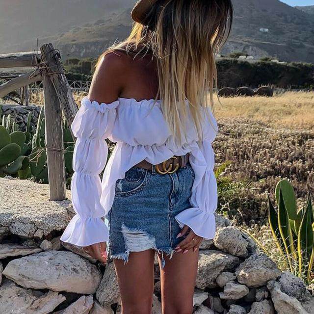 European and American Amazon holiday style sweet fungus lace off-shoulder waist long-sleeved chiffon shirt summer women's T versatile top