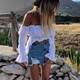 European and American Amazon holiday style sweet fungus lace off-shoulder waist long-sleeved chiffon shirt summer women's T versatile top
