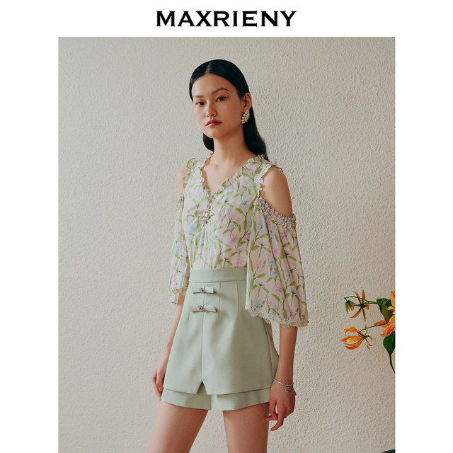 MAXRIENY European style gardening style off-shoulder flared sleeve chiffon shirt pastoral style printed top

