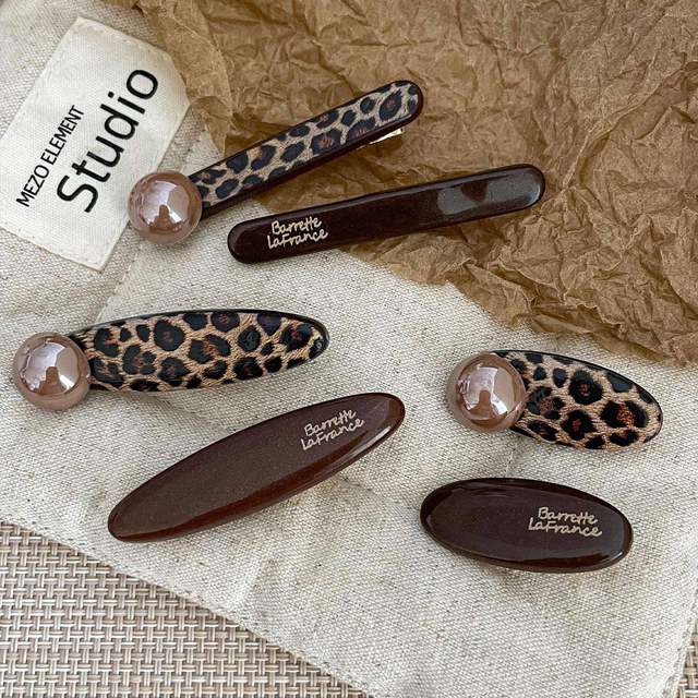 2025 New Leopard Print Chocolate Color Pair Clip Duckbill Clip Brown Beads Korean Style Fashion Hair Clip Side Clip Women's Hair Accessories