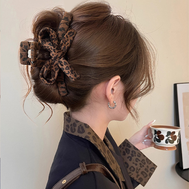 2025 New Leopard Print Bow Clip Women's High-Level Large Shark Clip Hair Clip Back of the Head Hair Clip