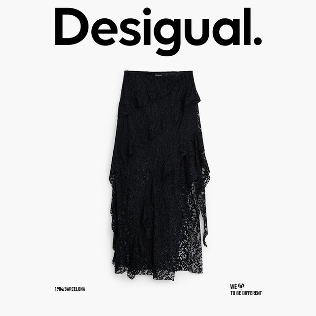 Desigual25 spring and summer new black lace multi-layer ruffled irregular slit mid-length skirt