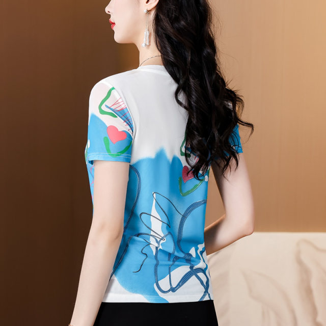 Round neck printed short-sleeved T-shirt for women in summer 2025 new fashionable mesh base shirt design fashionable top
