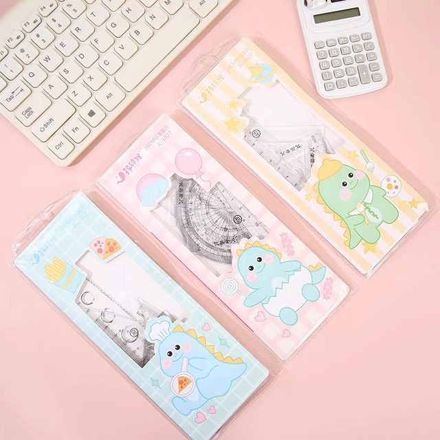 New transparent student ruler set creative cartoon elementary school student ruler triangle plate protractor four-piece set