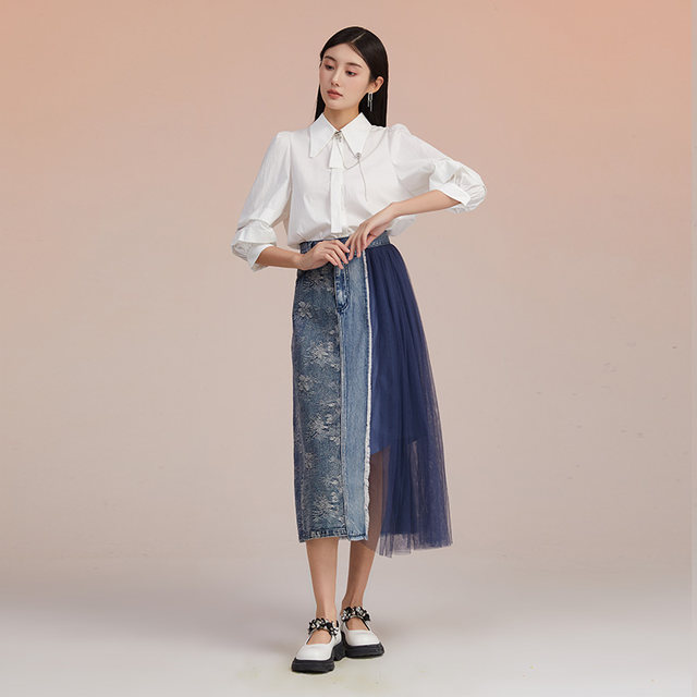 SOMSOM/Soma high waist irregular lace splicing large hem skirt spring mid-length A-line denim skirt for women
