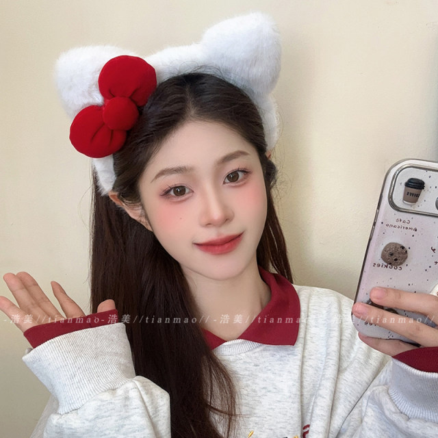 Plush hairband women sweet bow wash face makeup and makeup mask headband hair compression headwear high-quality hair bundle hair accessories