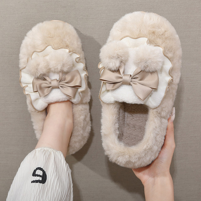 Bow cotton slippers for women winter 2025 new indoor home bag with thick sole warm plush cotton shoes for outer wear
