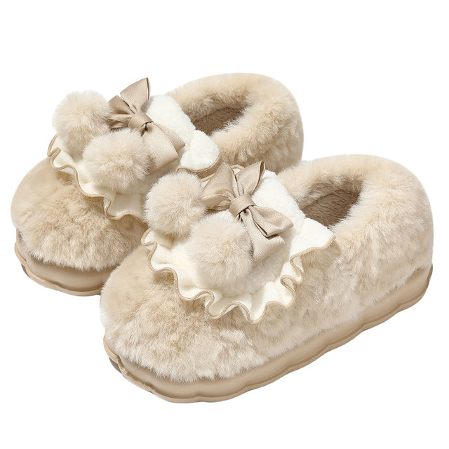 Bow cotton slippers for women winter 2025 new indoor home bag with thick sole warm plush cotton shoes for outer wear