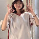 2025 new national trend brand spliced ​​contrasting color V-neck jersey short-sleeved T-shirt for women loose college style rag-sleeved top