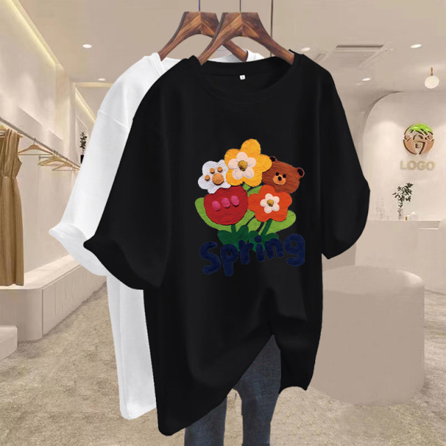 Mid-length five-quarter sleeve pure cotton large size loose pink white T-shirt for women short-sleeved fat mm inner top summer half-sleeved