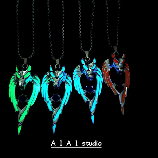 
Luminous Wolf King three-piece set flame dragon pterosaur retro hip-hop personality street luminous pendant niche trendy necklace for men