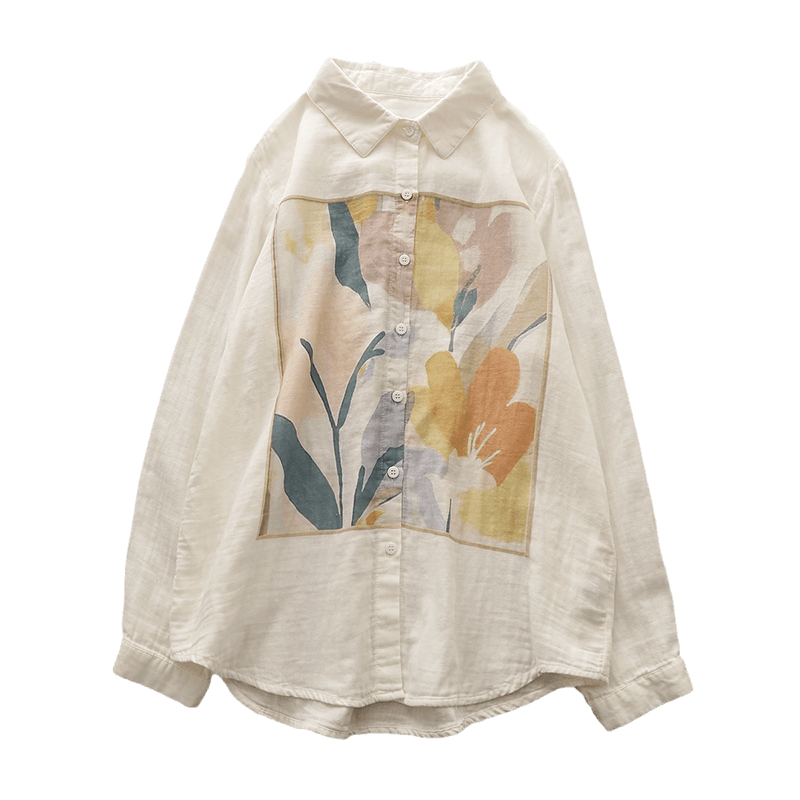 Literary and fresh cartoon oil painting flower loose double -layer cotton yarn baby cotton white shirt female long -sleeved bottom shirt