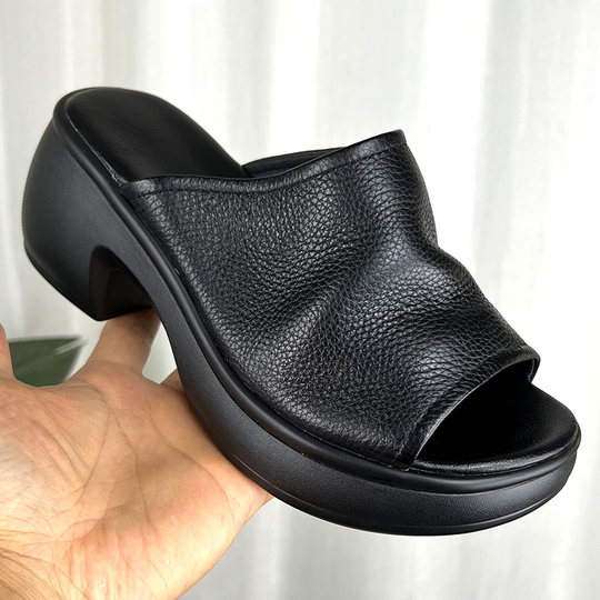 2024 Summer New Fish Mouth Sandals Women's First Layer Cowhide Soft Sole Thick Heel Thick Sole Shoes Slippers Fashionable Outerwear Slippers