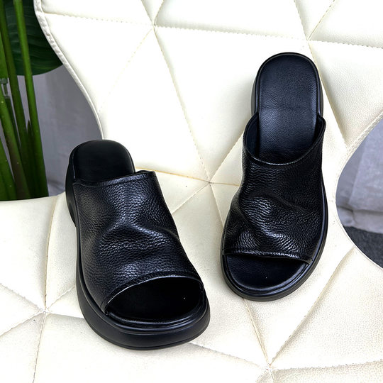 2024 Summer New Fish Mouth Sandals Women's First Layer Cowhide Soft Sole Thick Heel Thick Sole Shoes Slippers Fashionable Outerwear Slippers