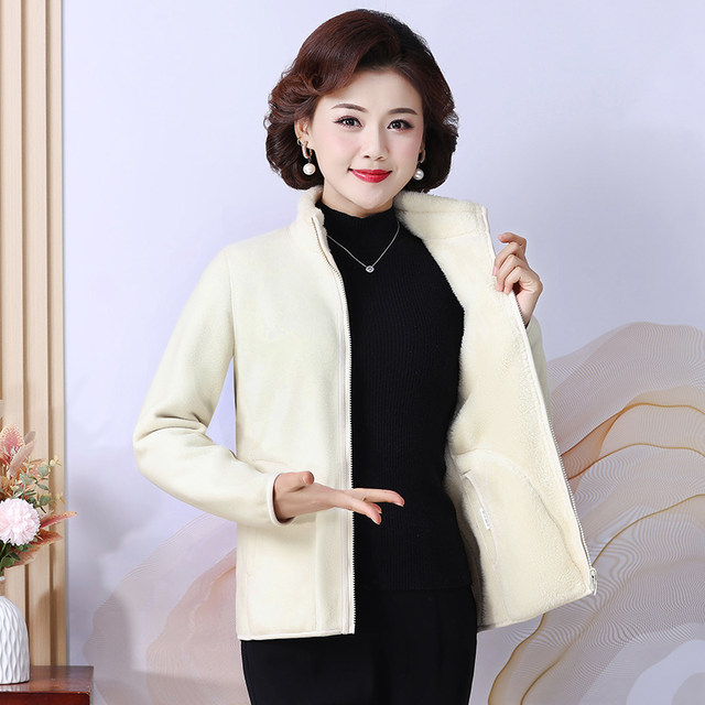 Holy Dragon Miao Middle-aged and Elderly Women's Spring and Autumn New Fleece Jacket Coral Fleece Top Two-sided Mom's Top
