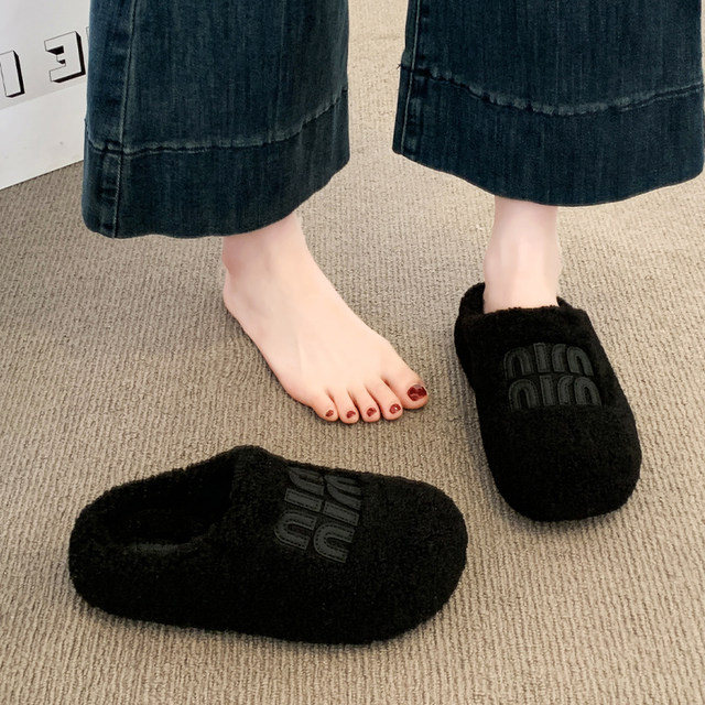 
Furry slippers for women's outer wear 2025 new autumn and winter plus velvet toe cotton slippers thick-soled cotton shoes half-slip snow boots for women