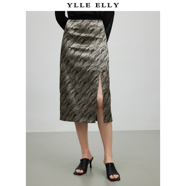YLLE ELLY tiger pattern printed skirt 2023 early autumn new invisible zipper high waist slit straight long skirt