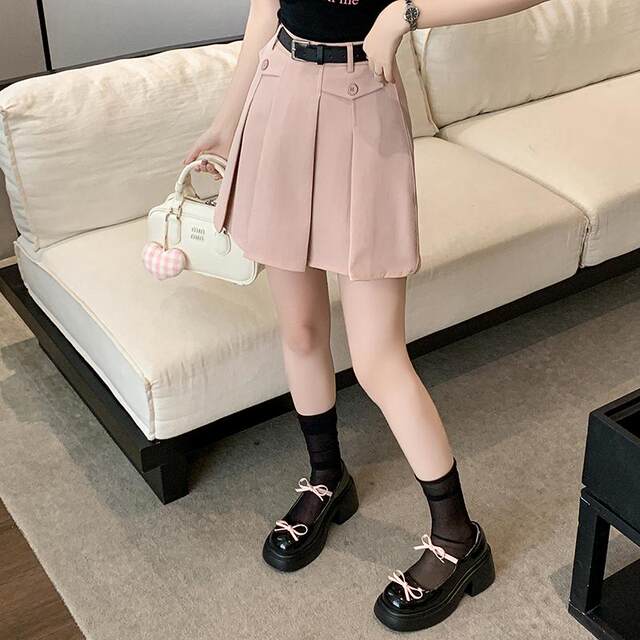 High -waist suit A -line skirt Female age reduction pleated skirt retro splicing versatile anti -light internal lining slim skirt
