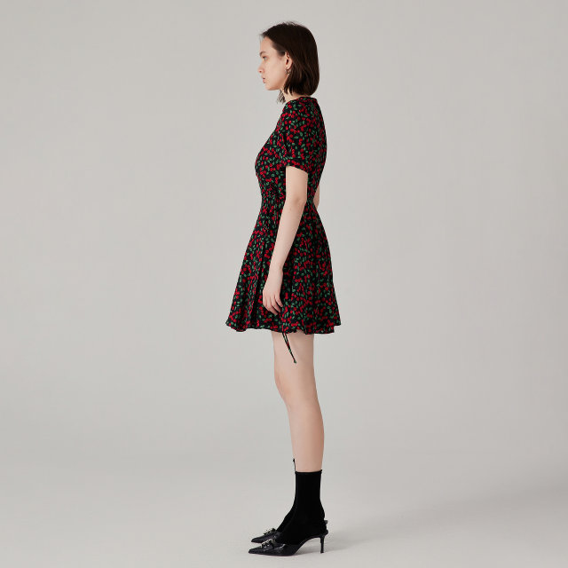 The same style in the mall, Mossack V-neck Short Sleeve High Waist Cherry Blended Printed Dress for Women
