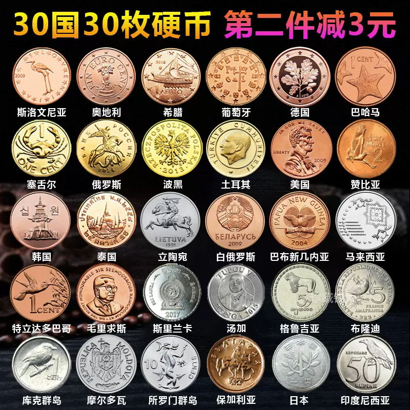 特价促销30国30枚地区不同外国硬币钱币真币世界各国外币收藏把玩-Taobao