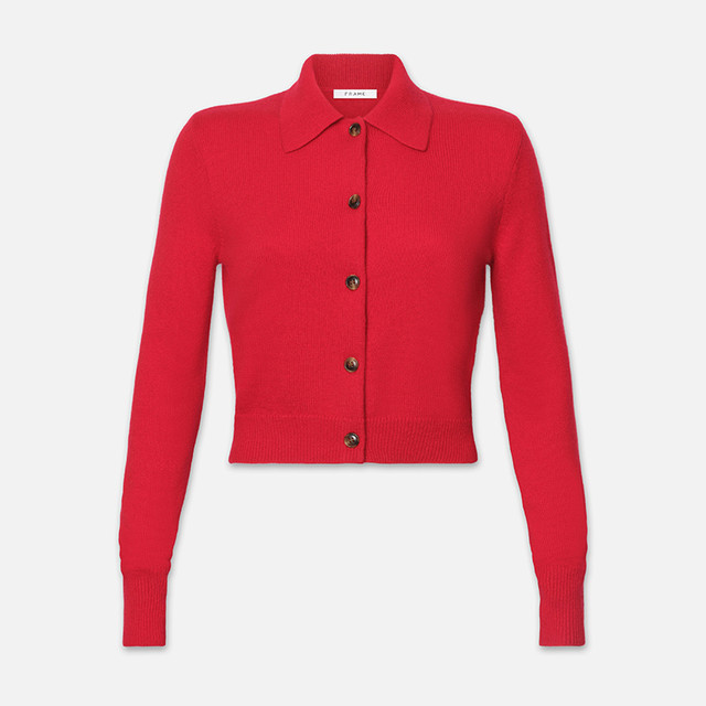 
FRAME Women's Red Short Cashmere Polo Lapel Button Cardigan