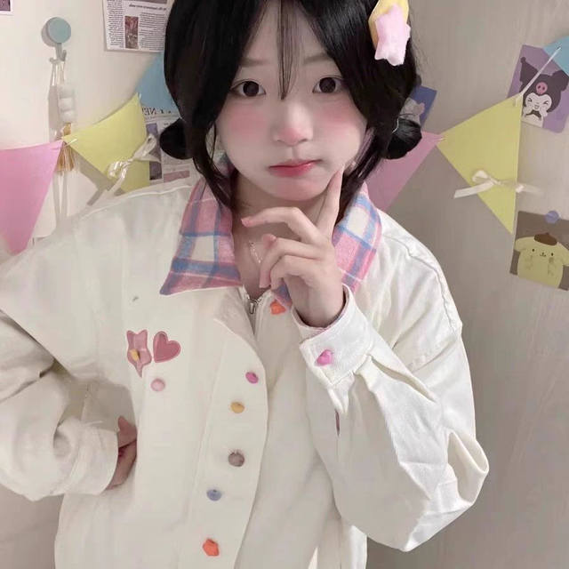 Japanese sweet plaid splicing unique lapel jacket for women's spring and autumn new baseball uniform super beautiful rainbow buckle jacket