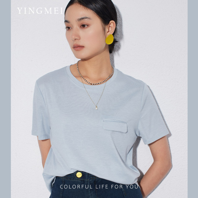 Yingmei is naturally 丨 True silk acetic acid pocket T -shirt loose short -sleeved casual white round neck top summer new

