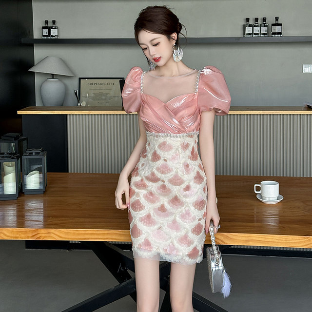 French light luxury sexy tube top collar dress, niche heavy worker sequin stitching high -end sensing temperament bag hip skirt