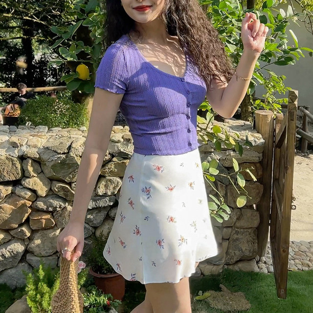 Lily Rose French white floral skirt A-line high-waisted slim print small skirt